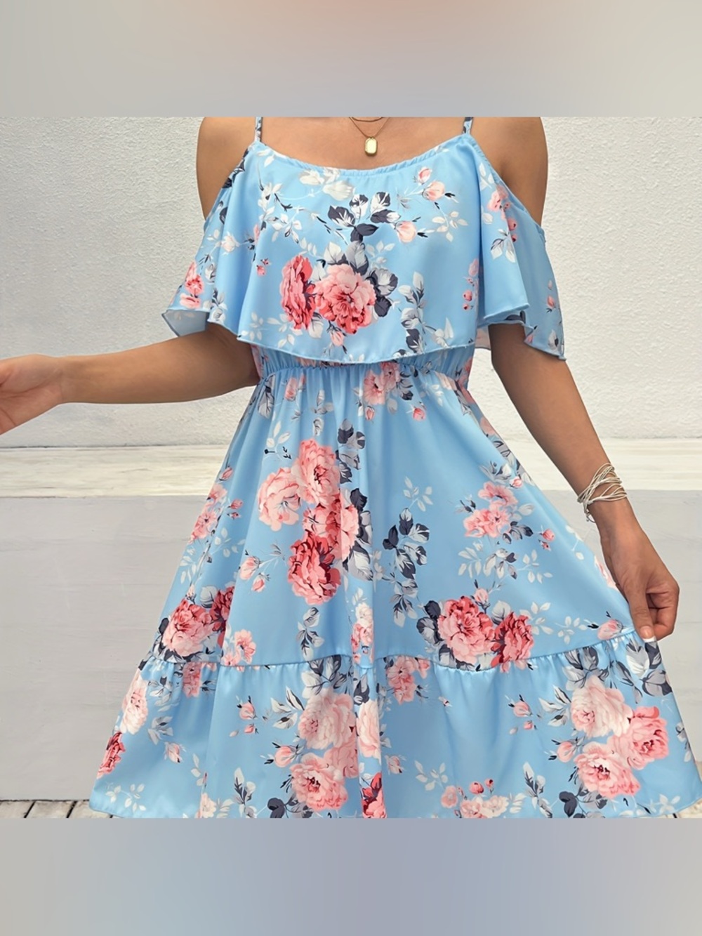 Floral midi dress off the shoulder blue and pink EUC